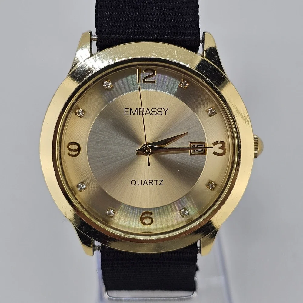 Embassy Men's Analog Watch 38MM Gold Dial Date NEW Black Canvas Band NEW Battery